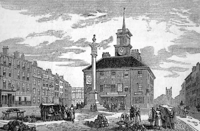 Framed Print : Stockton maket place, celebrations for the railway jubilee a Framed Print : Stockton maket place, celebrations for the railway jubilee a