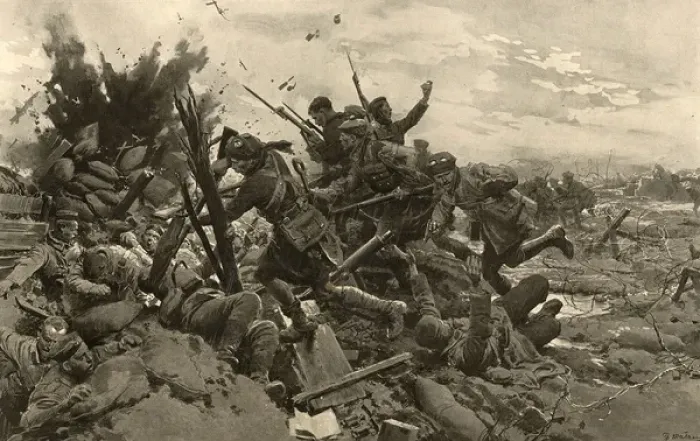 Framed Print : The storming of the trenches round Loos by Fortunino Matania Framed Print : The storming of the trenches round Loos by Fortunino Matania