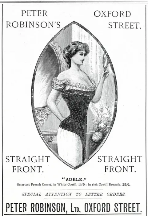 Framed Print : Straight front corset in smart French white coutil or rich countil brocade Framed Print : Straight front corset in smart French white coutil or rich countil brocade