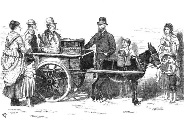 Framed Print : Street music: organ grinder claimant, 1873 Framed Print : Street music: organ grinder claimant, 1873