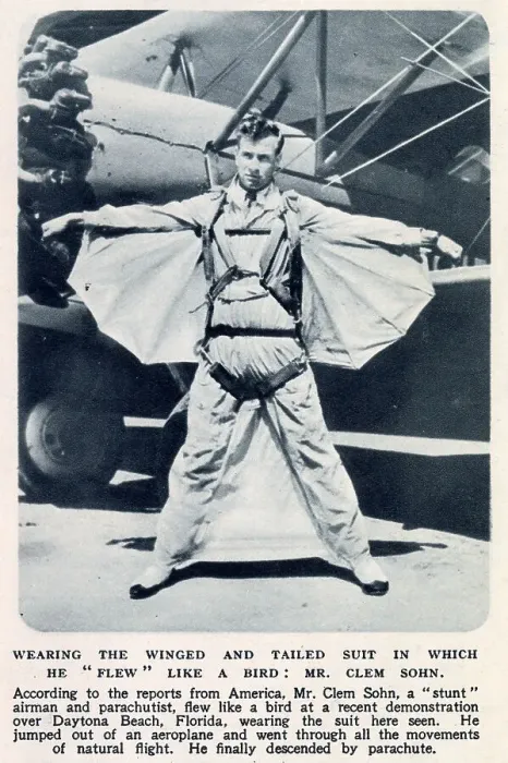 Framed Print : Stuntman Clem Sohn pictured in his winged and tailed suit in which he jumped out of an aeroplane and flew like a bird some distance over Daytona Beach before descending by parachute. Date: 1935 Framed Print : Stuntman Clem Sohn pictured in his winged and tailed suit in which he jumped out of an aeroplane and flew like a bird some distance over Daytona Beach before descending by parachute. Date: 1935