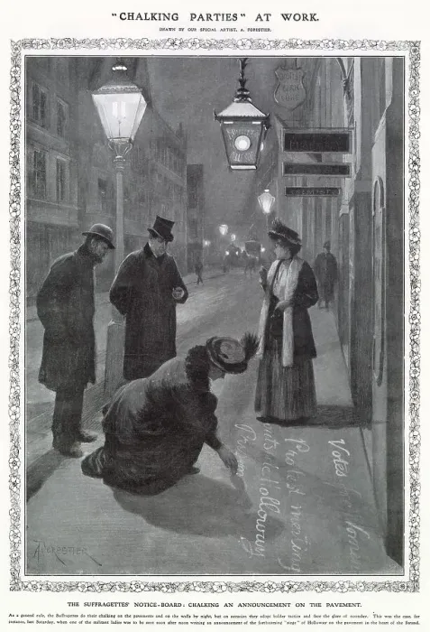 Framed Print : A Suffragette publicises a protest meeting by chalking it onto a pavement. Date: 1908 Framed Print : A Suffragette publicises a protest meeting by chalking it onto a pavement. Date: 1908