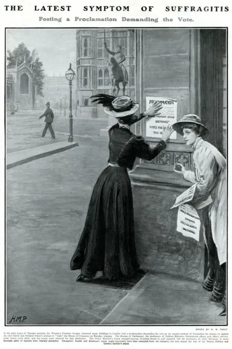 Framed Print : Suffragists putting up posters in London 1908 Framed Print : Suffragists putting up posters in London 1908