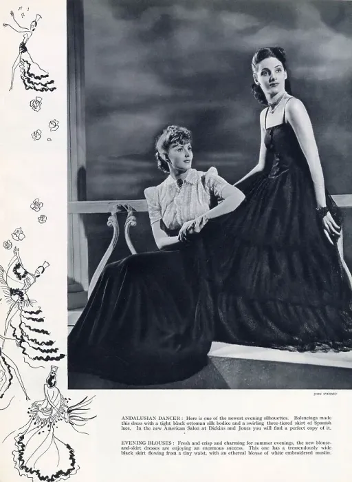 Framed Print : Two suggestions for evening wear by Balenciaga reminiscent of an Andalusian dancer. On the right, a dress comprising a tight black, ottoman silk bodice with a swirling three-tier skirt of Spanish lace