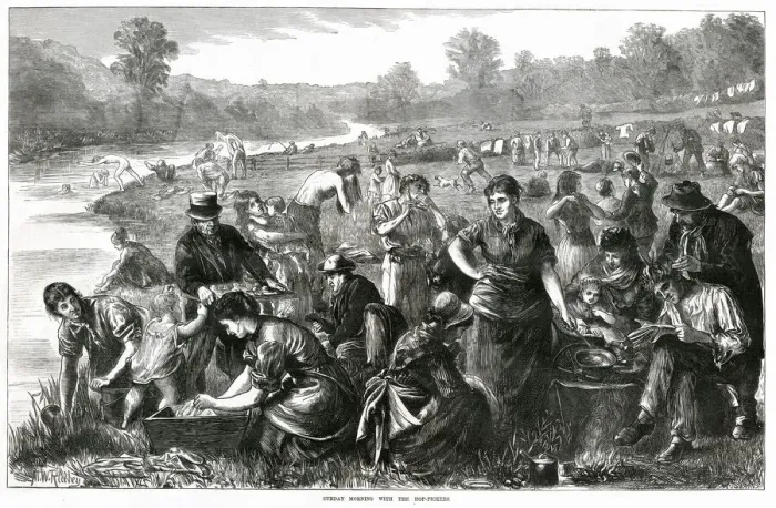 Framed Print : Sunday morning with hop-pickers 1871