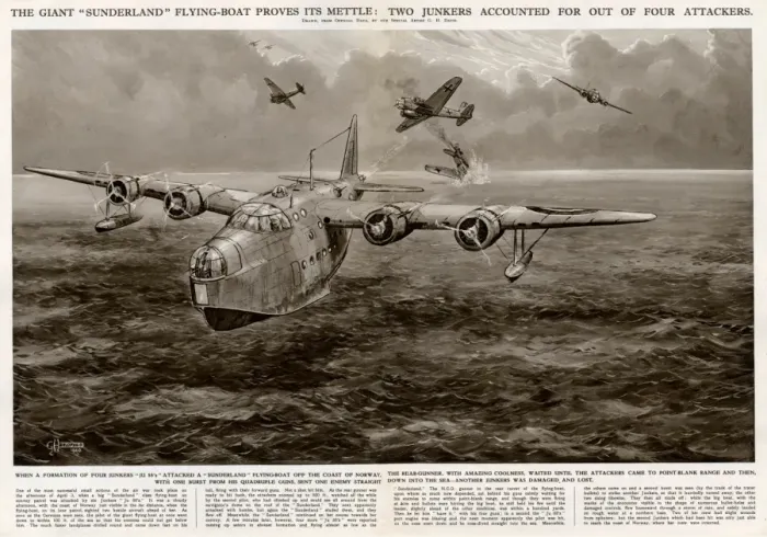 Framed Print : Sunderland seaplane and two Junkers by G. H. Davis Framed Print : Sunderland seaplane and two Junkers by G. H. Davis