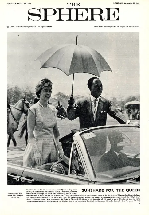 Framed Print : Sunshade for the Queen. Queen Elizabeth II travels in a car with President Nkrumah to attend a durbar at Tamale during the 1961 royal tour of Ghana. Date: 1961 Framed Print : Sunshade for the Queen. Queen Elizabeth II travels in a car with President Nkrumah to attend a durbar at Tamale during the 1961 royal tour of Ghana. Date: 1961