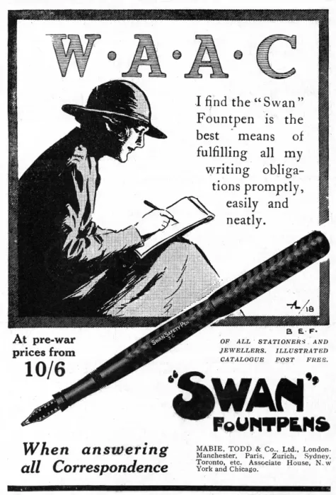 Framed Print : Swan Fountpen advert featuring WaC girl, WW1 Framed Print : Swan Fountpen advert featuring WaC girl, WW1