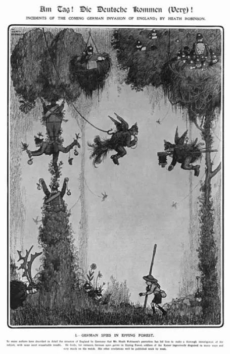 Framed Print : Am Tag, Heath Robinson 1. German Spies in Epping Forest Framed Print : Am Tag, Heath Robinson 1. German Spies in Epping Forest