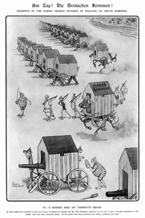 Framed Print : Am Tag, Heath Robinson 4. A masked raid on Yarmouth Beach