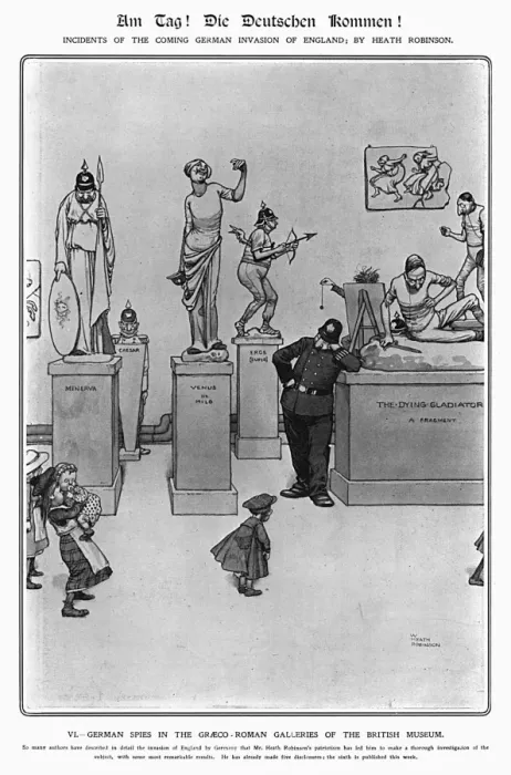 Framed Print : Am Tag, Heath Robinson 6. German spies in the British Museum Framed Print : Am Tag, Heath Robinson 6. German spies in the British Museum