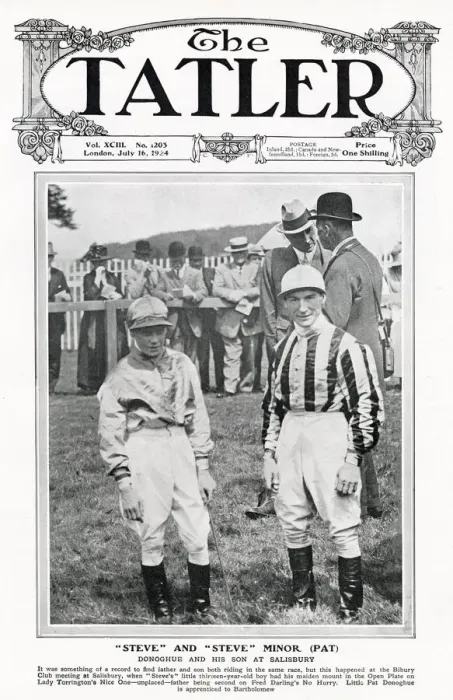 Framed Print : Tatler cover - jockey Steve Donoghue & son Front cover of The Tatler featuring