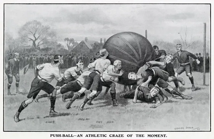 Framed Print : Two teams with eight players pushing a enormous 6 ft ball made from nine hides of horses Framed Print : Two teams with eight players pushing a enormous 6 ft ball made from nine hides of horses