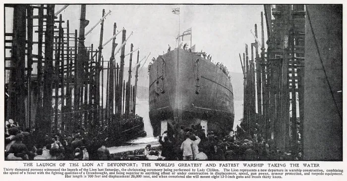 Framed Print : Thirty thousand people witnessed the launch of HMS Lion at Devonport, Plymouth, christening ceremony being performed by Lady Clifden. Date: 6th August 1910 Framed Print : Thirty thousand people witnessed the launch of HMS Lion at Devonport, Plymouth, christening ceremony being performed by Lady Clifden. Date: 6th August 1910
