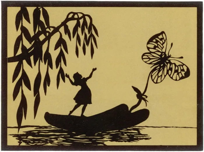 Framed Print : Thumbelina drawn by a butterfly down a stream