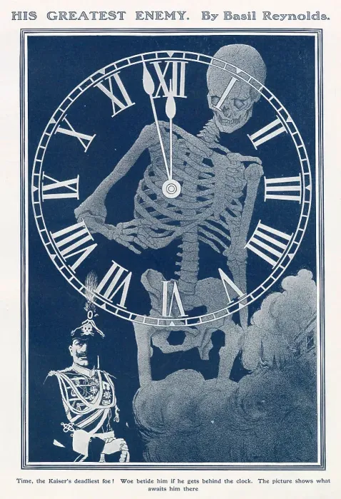 Framed Print : Time, the Kaiser's deadliest foe! Woe betide him if he gets behind the clock. The picture shows what awaits him there. A rather dark depiction of the fate awaiting the German Emperor