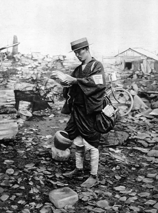 Framed Print : Tokyo postman delivering letters to the rubble Framed Print : Tokyo postman delivering letters to the rubble