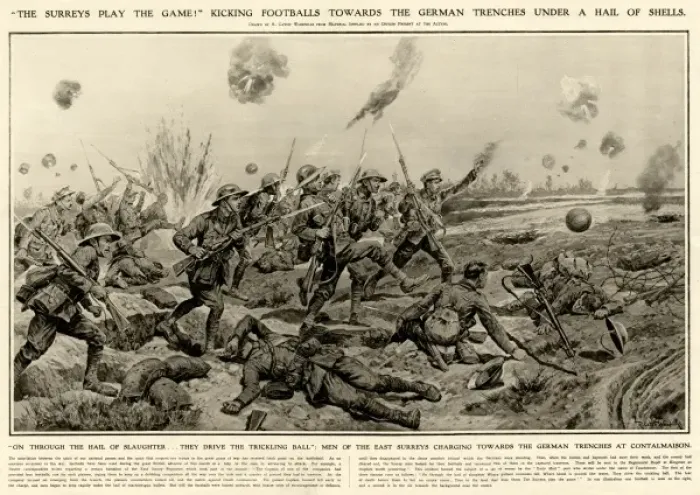 Framed Print : Tommies kicking a football on the way to the German Trenches Framed Print : Tommies kicking a football on the way to the German Trenches