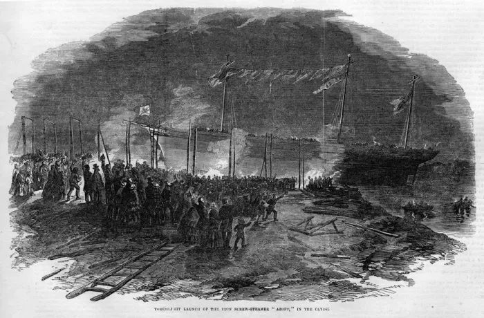Framed Print : The torchlight launch of the iron-screw steamer Azoff in Framed Print : The torchlight launch of the iron-screw steamer Azoff in