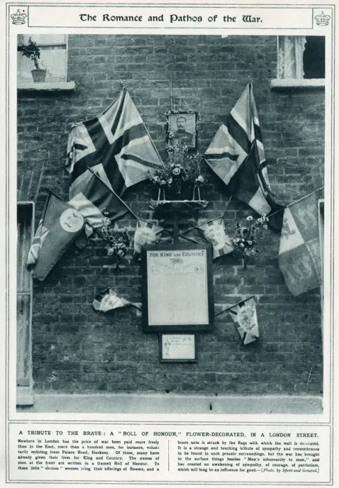 Framed Print : A tribute to the brave in an East London street, WW1 Framed Print : A tribute to the brave in an East London street, WW1