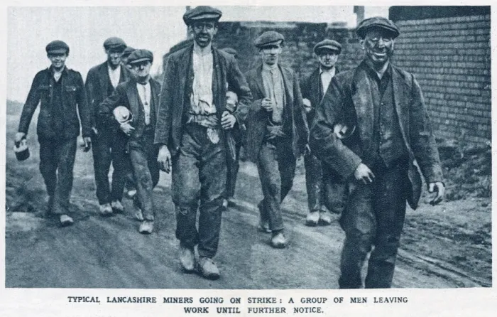 Framed Print : Typical Lancashire miners going on strike: A group of men leaving work until further Framed Print : Typical Lancashire miners going on strike: A group of men leaving work until further