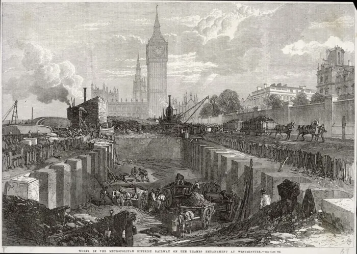 Framed Print : Underground railway works, Thames Embankment, London Framed Print : Underground railway works, Thames Embankment, London
