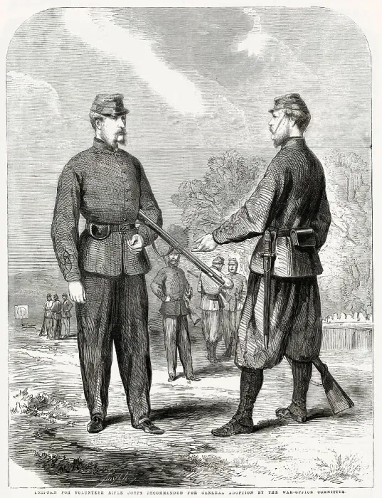 Framed Print : Uniform for the Volunteer Rifle Corps recommended for general adoption by the War Office committee. Date: 1860 Framed Print : Uniform for the Volunteer Rifle Corps recommended for general adoption by the War Office committee. Date: 1860