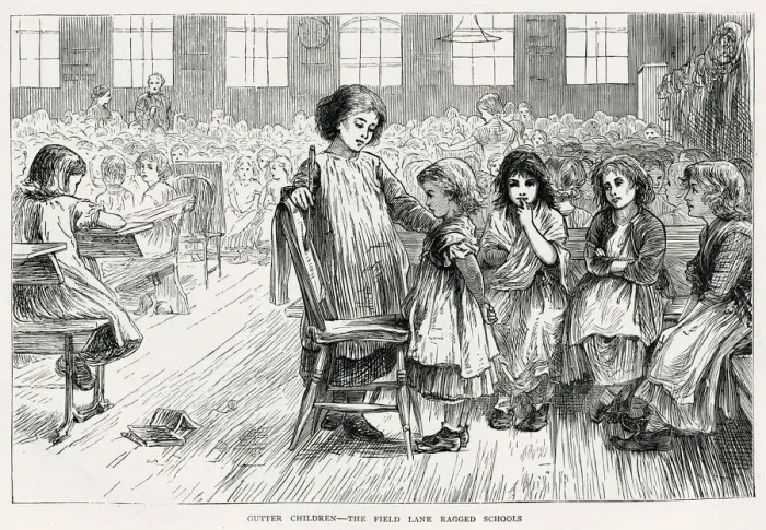 Framed Print : Unkempt girls receiving punishment from another older pupil at Field Lane Ragged School Framed Print : Unkempt girls receiving punishment from another older pupil at Field Lane Ragged School