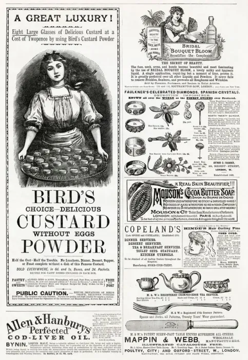 Framed Print : A variety of Advertisements from 1889. Date: 1886 Framed Print : A variety of Advertisements from 1889. Date: 1886