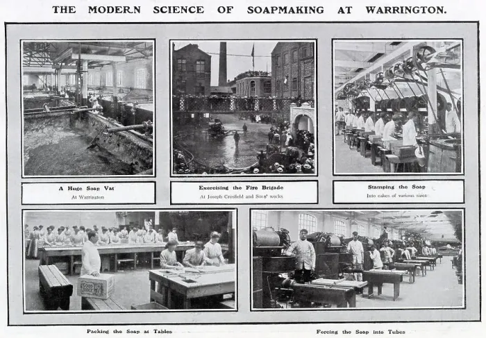 Framed Print : Various stages in order of making the palm oil and vegetable fats into a finely-scented eramic soap in Joseph Crosfield & Sons, Soap Works at Bank Quarry, Warrington, Cheshire. Date: 1907 Framed Print : Various stages in order of making the palm oil and vegetable fats into a finely-scented eramic soap in Joseph Crosfield & Sons, Soap Works at Bank Quarry, Warrington, Cheshire. Date: 1907