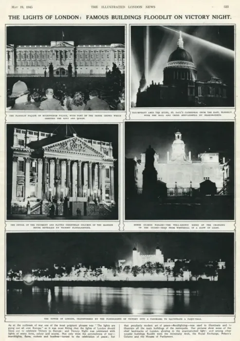 Framed Print : VE Day celebrations: London buildings floodlit Framed Print : VE Day celebrations: London buildings floodlit
