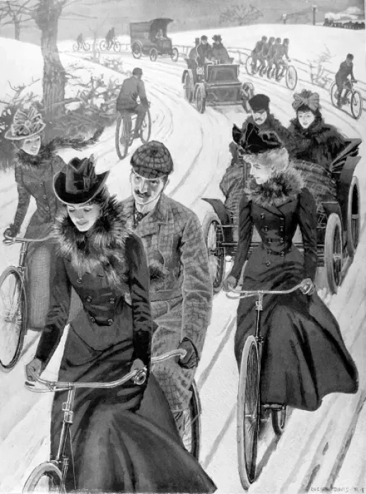 Framed Print : Victorian Cyclists and Motorists on a Snowy Road