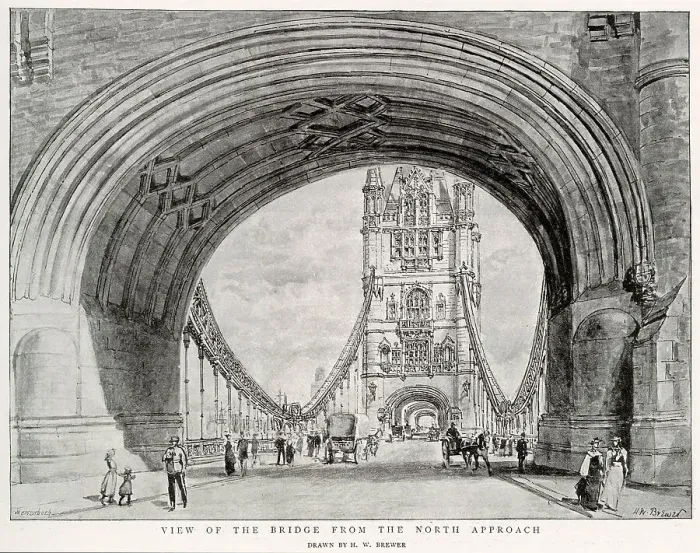 Framed Print : View of Tower Bridge with horse carriages and people walking crossing. Date: 1894 Framed Print : View of Tower Bridge with horse carriages and people walking crossing. Date: 1894