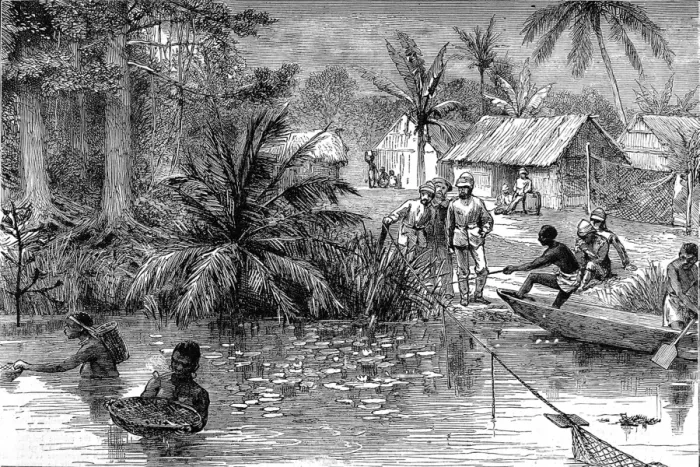 Framed Print : A village on the river Prah during the 2nd Ashanti War