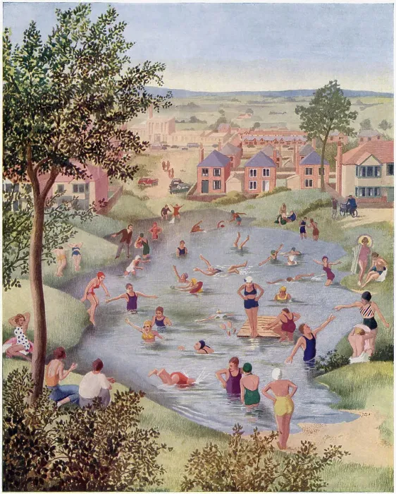 Framed Print : Villagers enjoy swimming in their local pond on a hot summer's day. See picture no. 14007282 to see a companion picture of the pond in winter. Date: 1940
