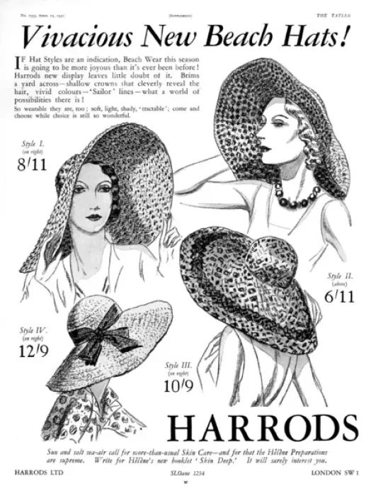 Framed Print : Vivacious new beach hats, Harrods advertisement 1931 Framed Print : Vivacious new beach hats, Harrods advertisement 1931