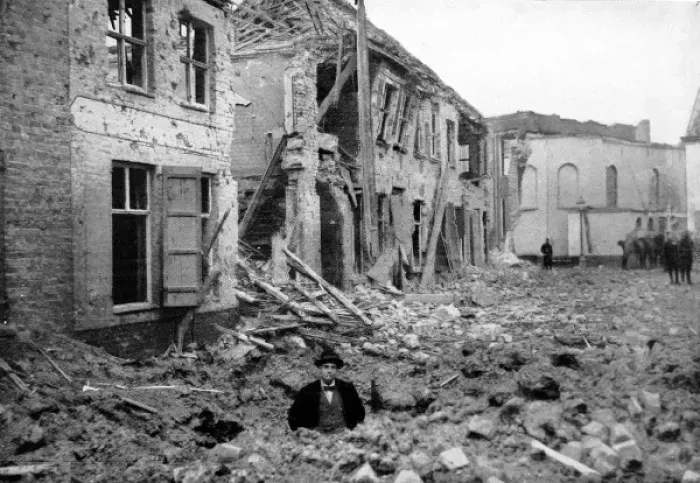 Framed Print : A waist deep shell hole in a Belgian Street: In a war wrecke Framed Print : A waist deep shell hole in a Belgian Street: In a war wrecke