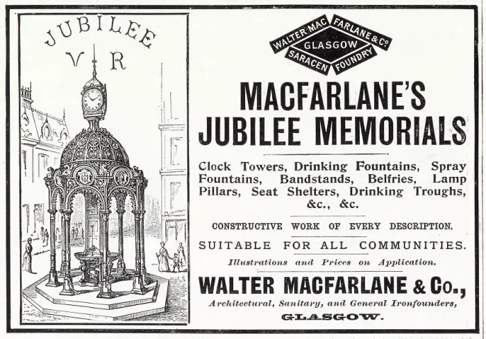 Framed Print : Walter MacFarlane, Saracen Foundry in Glasgow manufacturer of cast iron clocks, towers, drinking fountains, bandstands, belfries. lamp pillars seat shelters and drinking troughs. Date: 1897 Framed Print : Walter MacFarlane, Saracen Foundry in Glasgow manufacturer of cast iron clocks, towers, drinking fountains, bandstands, belfries. lamp pillars seat shelters and drinking troughs. Date: 1897