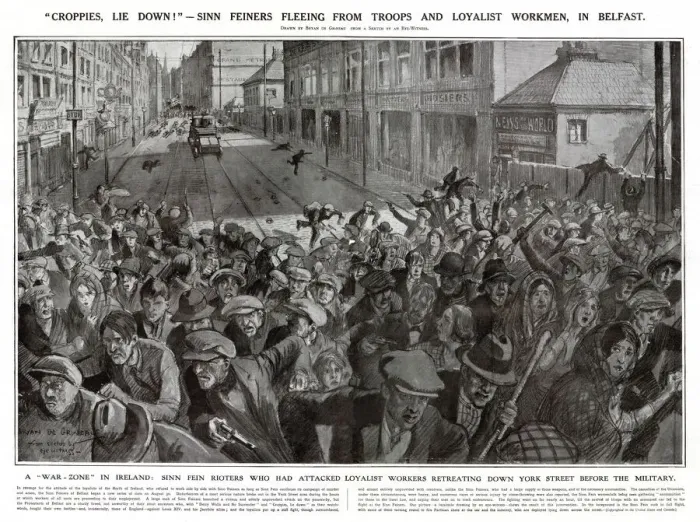 Framed Print : A war-zone in Ireland. Sinn Fein-ers, who had attacked loyalist workmen Framed Print : A war-zone in Ireland. Sinn Fein-ers, who had attacked loyalist workmen