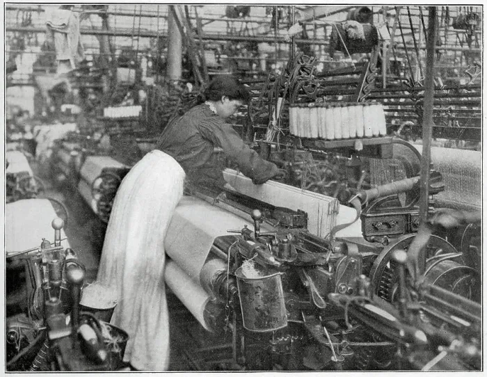 Framed Print : Weaving at Priestley's Mill for the dress that was worn at the opening of the Bradford Exhibition by Princess of Wales (Queen Mary). Date: 1904 Framed Print : Weaving at Priestley's Mill for the dress that was worn at the opening of the Bradford Exhibition by Princess of Wales (Queen Mary). Date: 1904