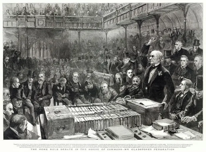 Framed Print : William Ewart Gladstone (1809 - 1898), English Liberal statesman, addressing the House of Commons during a debate on Irish Home Rule. Gladstone twice tried to introduce a Home Rule Bill for Ireland Framed Print : William Ewart Gladstone (1809 - 1898), English Liberal statesman, addressing the House of Commons during a debate on Irish Home Rule. Gladstone twice tried to introduce a Home Rule Bill for Ireland