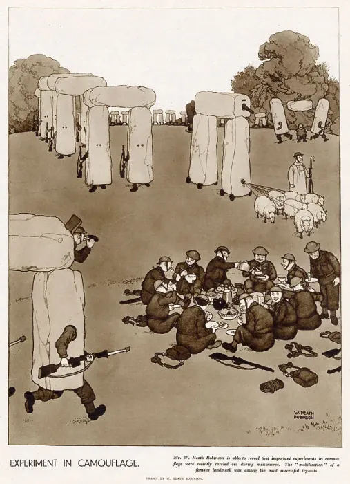 Framed Print : William Heath Robinson drawing showing soldiers unaware of the camouflaged famous Stonehenge moving around in Wiltshire. Date: 1941