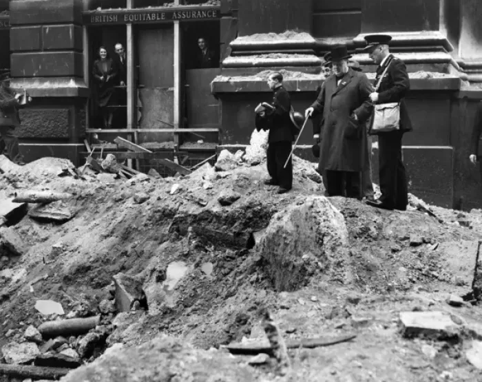 Framed Print : Winston Churchill Inspecting a Bomb Crater Framed Print : Winston Churchill Inspecting a Bomb Crater