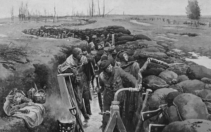 Framed Print : Winter 1915, flooded British trench by Matania, WW1 Framed Print : Winter 1915, flooded British trench by Matania, WW1