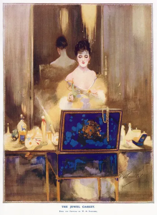 Framed Print : A woman sits at her dressing table contemplating the contents of her large jewellery box, open in front of her. Date: 1916