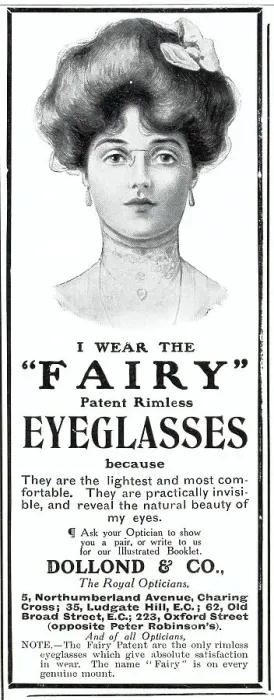 Framed Print : Woman wearing patent Fairy eyeglasses, dainty, light, comfortable and rimless specs. Date: 1907 Framed Print : Woman wearing patent Fairy eyeglasses, dainty, light, comfortable and rimless specs. Date: 1907