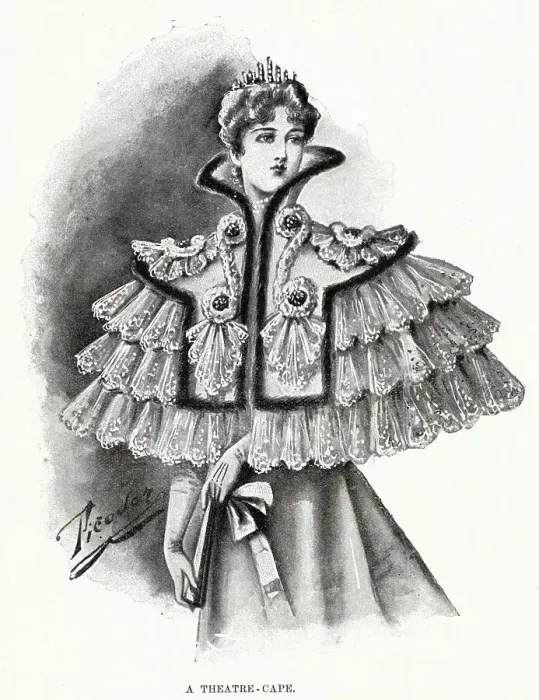 Framed Print : Woman wearing a white old point lace cape with collar, with choux of pale green and pale blue velvet. Date: 1896