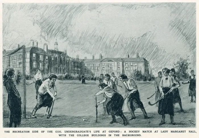 Framed Print : Women undergraduates of Lady Margaret Hall taking part in a hockey match. Date: 1920 Framed Print : Women undergraduates of Lady Margaret Hall taking part in a hockey match. Date: 1920