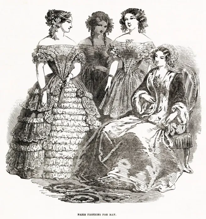 Framed Print : Four women waering the latest fashions of May 1850. Date: 1850 Framed Print : Four women waering the latest fashions of May 1850. Date: 1850