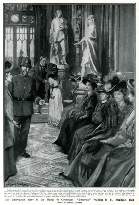 Framed Print : Women waiting to in St Stephens Hall, Feb 1908 Framed Print : Women waiting to in St Stephens Hall, Feb 1908
